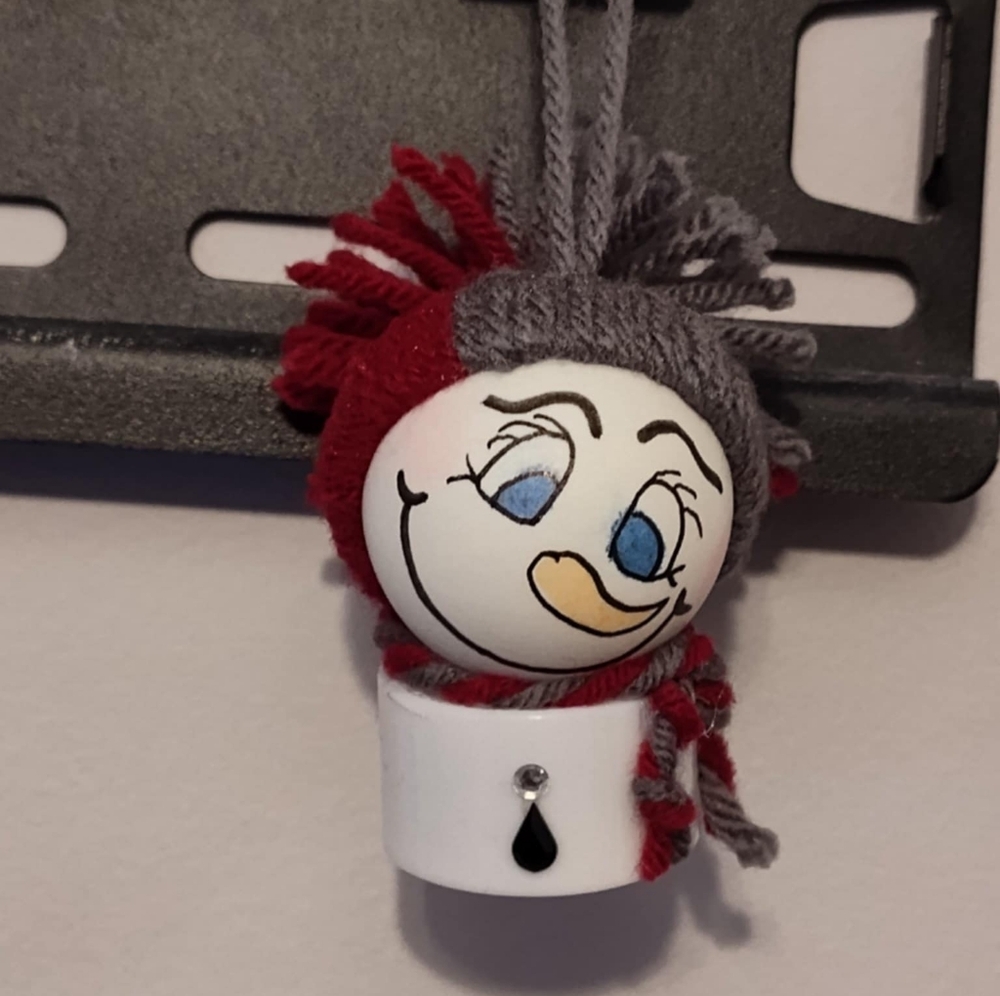 Handmade Light Up Snowman Ornament with Red and Gray Scarf
